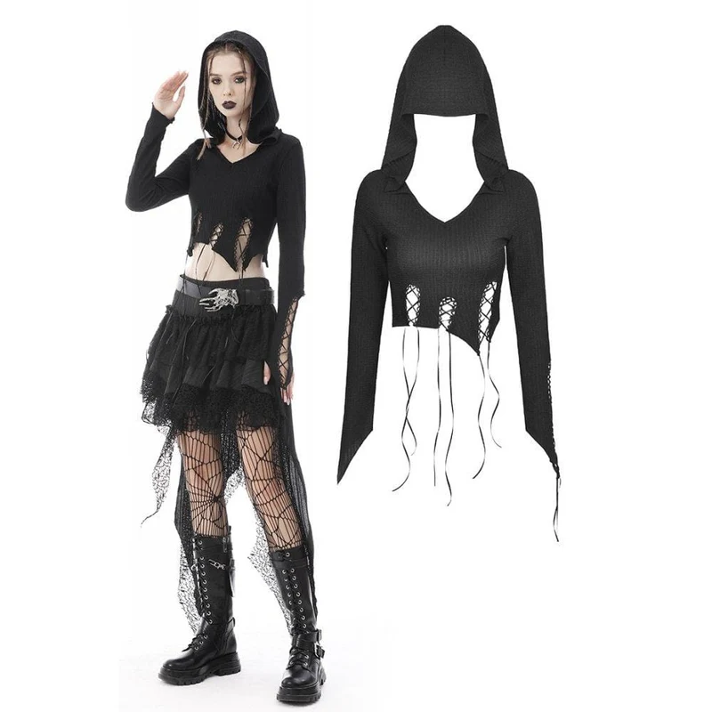 Damen Punk Unregelmäßiges Träger-Crop-Top mit Kapuze