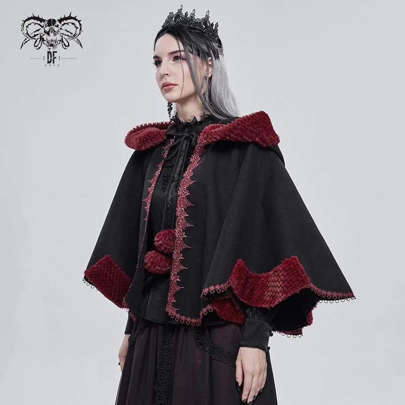 Gothic Blumenstickerei Spleiß Cape für Damen mit Kapuze Schwarz