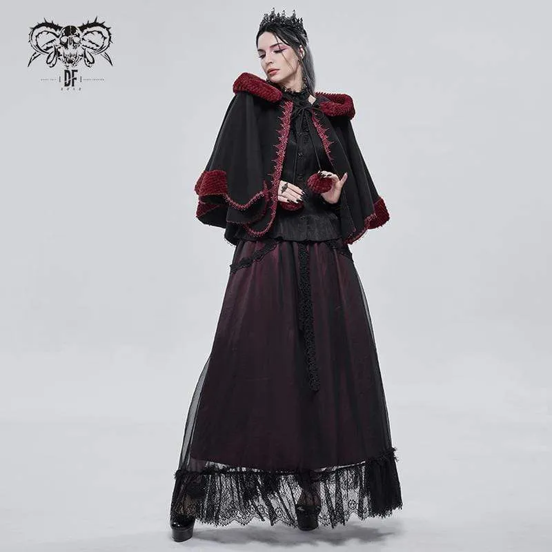 Gothic Blumenstickerei Spleiß Cape für Damen mit Kapuze Schwarz