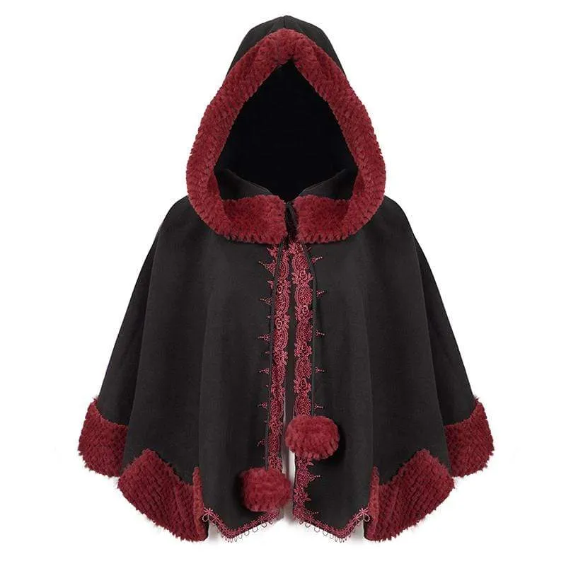 Gothic Blumenstickerei Spleiß Cape für Damen mit Kapuze Schwarz