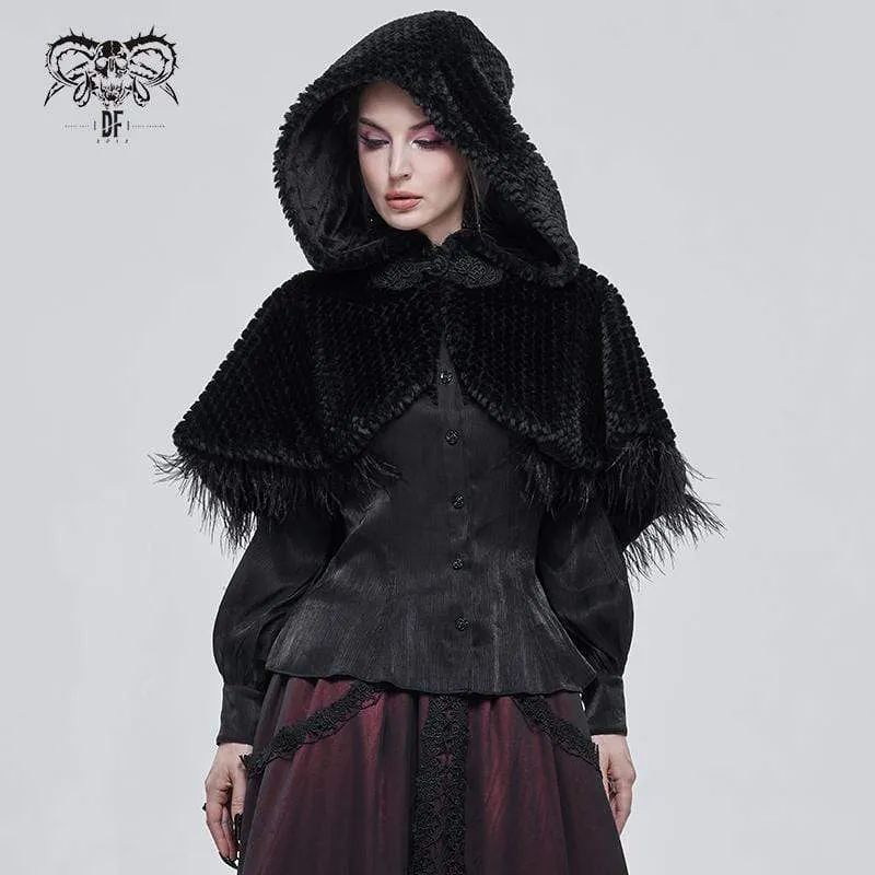 Damen Gothic Riemchen Umhang mit Kapuze Schwarz