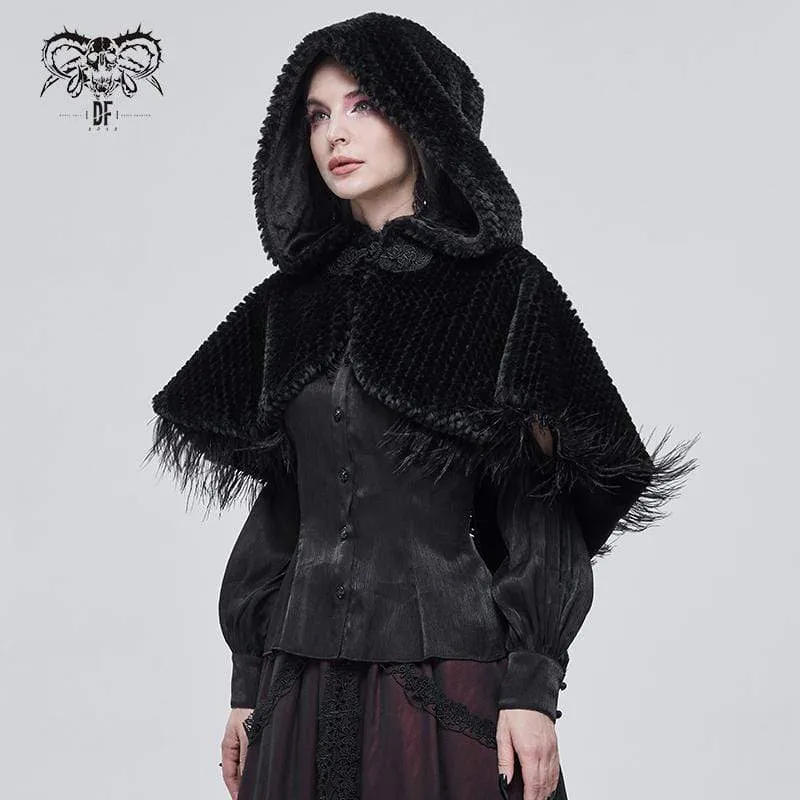 Damen Gothic Riemchen Umhang mit Kapuze Schwarz