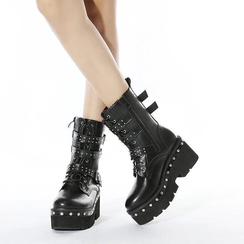 Damen Gothic Punk Schnallen Rivet Plateaustiefel