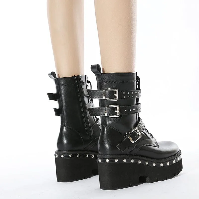 Damen Gothic Punk Schnallen Rivet Plateaustiefel