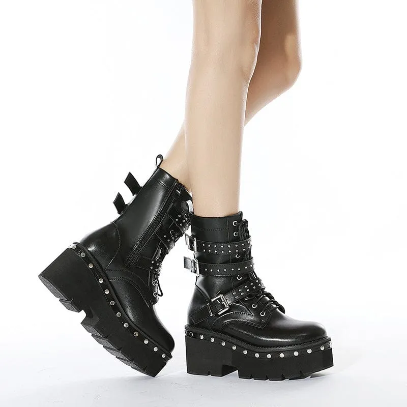 Damen Gothic Punk Schnallen Rivet Plateaustiefel