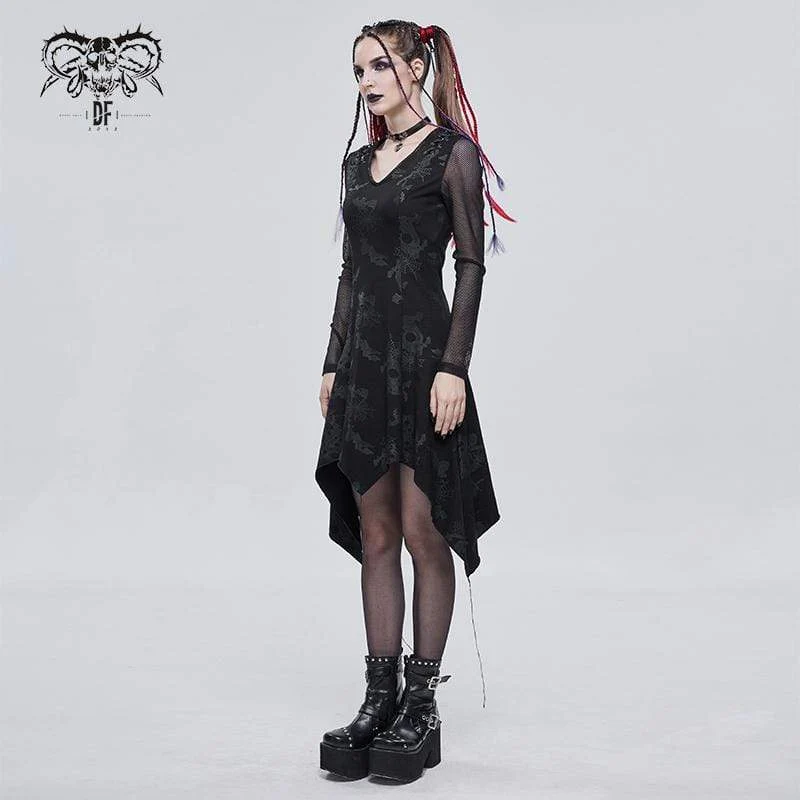 Gothic tiefes, unregelmäßiges Kleid mit Spinnweben-Print für Damen