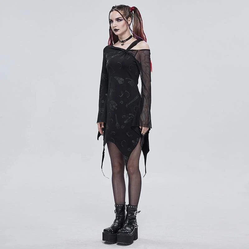 Gothic Toned Horn Sleeved Mesh Splice Kleid für Damen