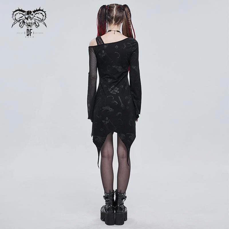 Gothic Toned Horn Sleeved Mesh Splice Kleid für Damen
