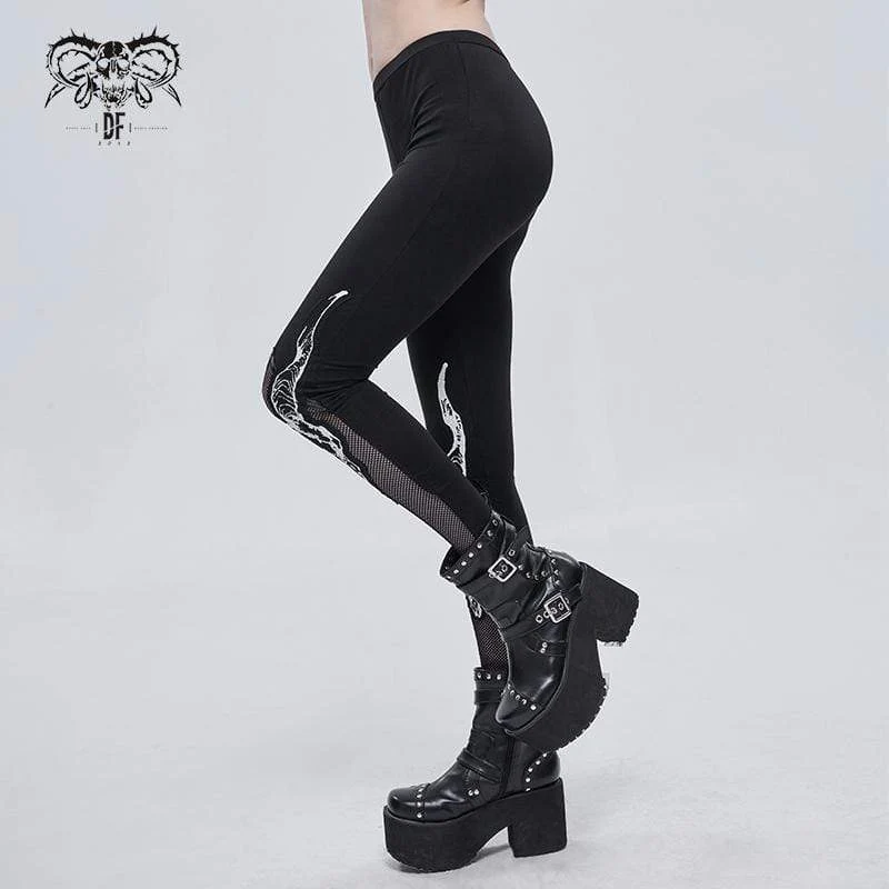 Gothic-Leggings mit Schafkopf-Print aus Netzstoff für Damen