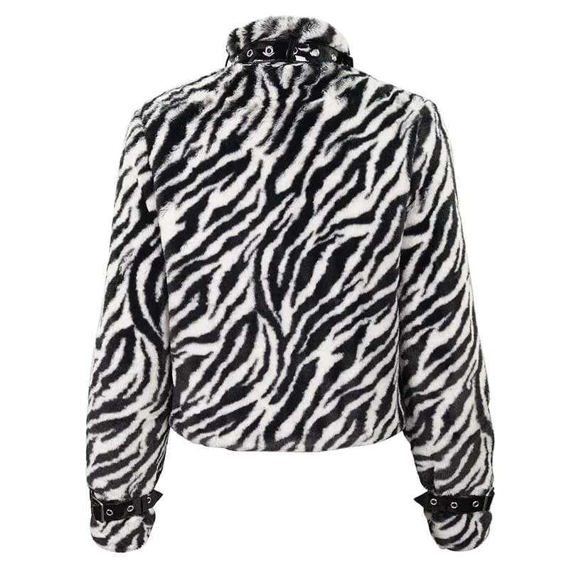 Gothic-Jacke mit Stehkragen für Damen mit Zebrastreifen-Schnallen