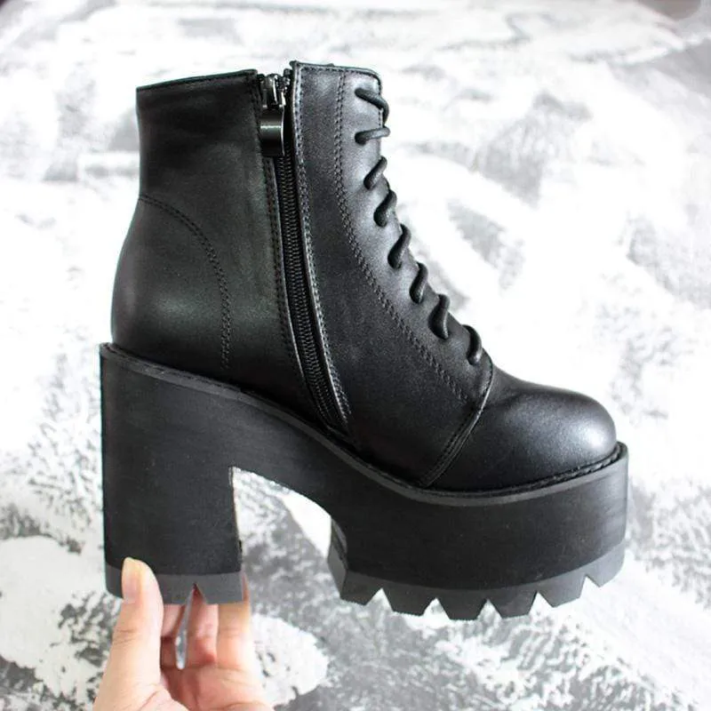 Gothic-Punk-Schnürstiefel mit klobigem Absatz für Damen