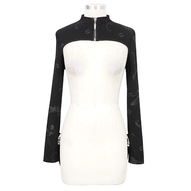 Gothic Bone Printed Strappy Zipper Cape für Damen