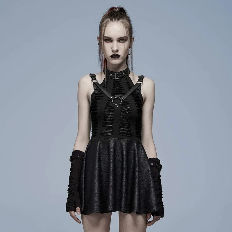 Gothic-Kleid für Damen mit Stehkragen, gerafftem Saum und Cut-Outs, Abschlusskleid