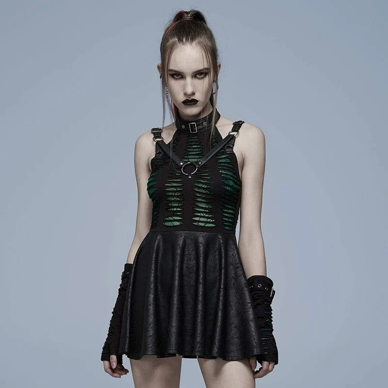 Gothic-Kleid für Damen mit Stehkragen, gerafftem Saum und Cut-Outs, Abschlusskleid