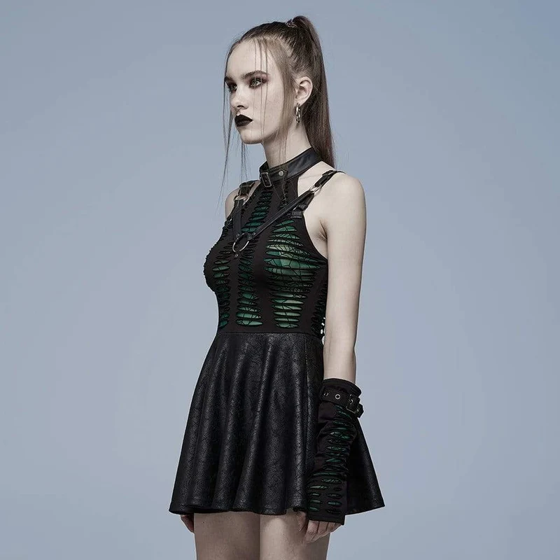 Gothic-Kleid für Damen mit Stehkragen, gerafftem Saum und Cut-Outs, Abschlusskleid