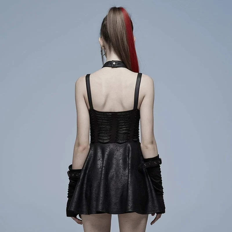 Gothic-Kleid für Damen mit Stehkragen, gerafftem Saum und Cut-Outs, Abschlusskleid