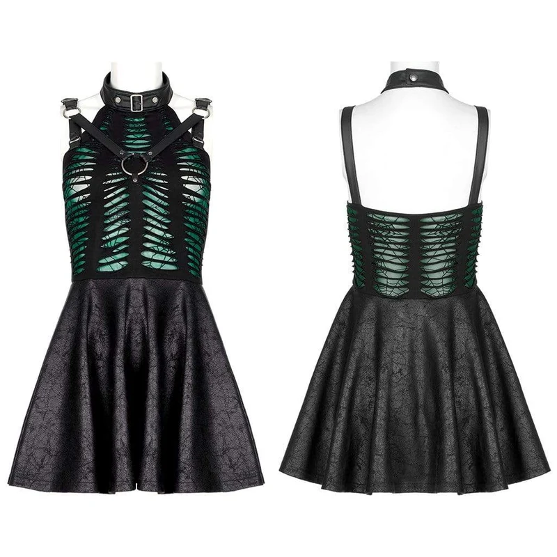Gothic-Kleid für Damen mit Stehkragen, gerafftem Saum und Cut-Outs, Abschlusskleid