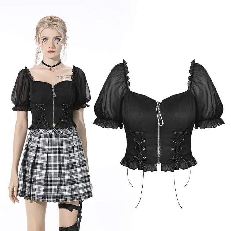 Schwarzes Crop Top mit Punk-Puffärmeln und Reißverschluss für Damen