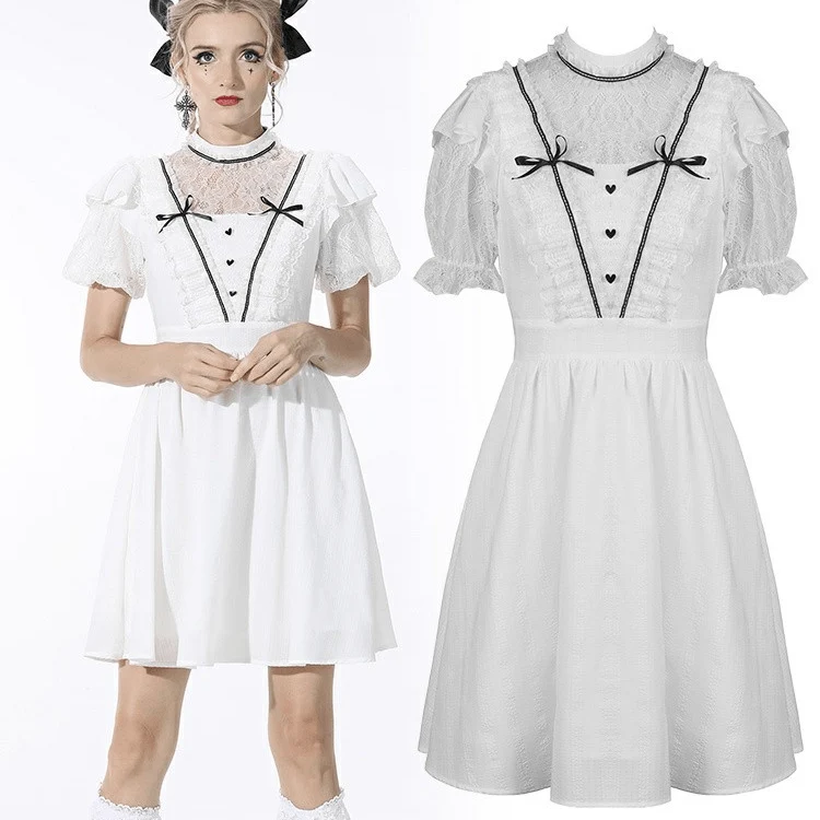 Weißes Gothic-Kleid mit Puffärmeln und Schleife für Damen, ideal für den Schulabschluss