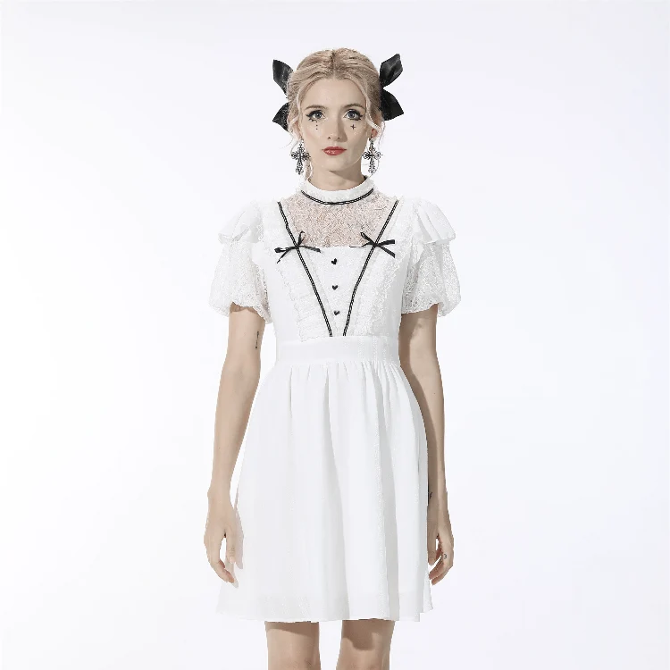 Weißes Gothic-Kleid mit Puffärmeln und Schleife für Damen, ideal für den Schulabschluss