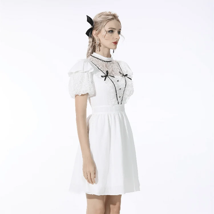Weißes Gothic-Kleid mit Puffärmeln und Schleife für Damen, ideal für den Schulabschluss
