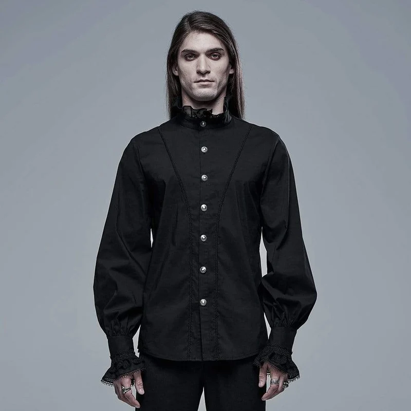 Herren Gothic Stehkragen Spitzensaum Schwarzes Hemd