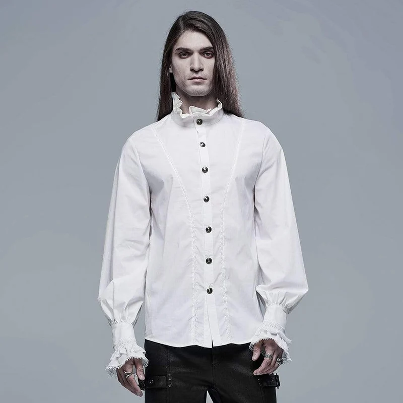 Herren Gothic Stehkragen Spitzensaum Schwarzes Hemd