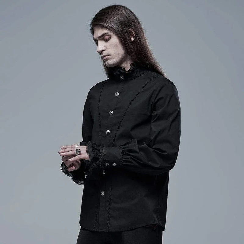Herren Gothic Stehkragen Spitzensaum Schwarzes Hemd