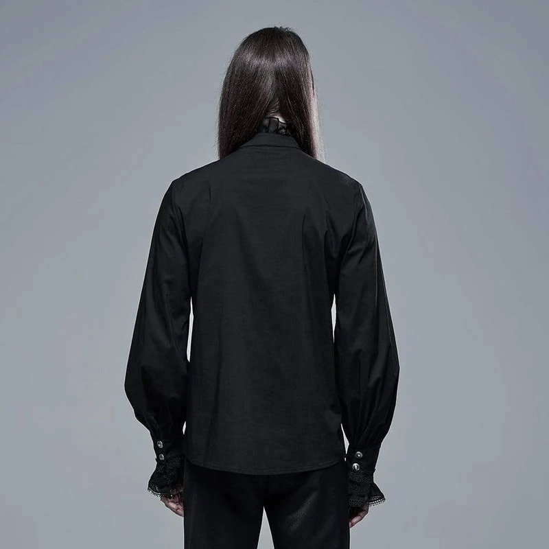 Herren Gothic Stehkragen Spitzensaum Schwarzes Hemd