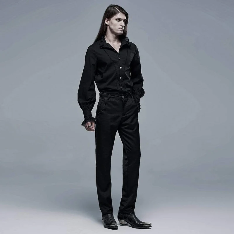Herren Gothic Stehkragen Spitzensaum Schwarzes Hemd