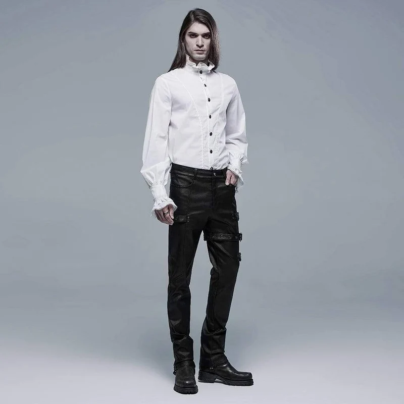 Herren Gothic Stehkragen Spitzensaum Schwarzes Hemd