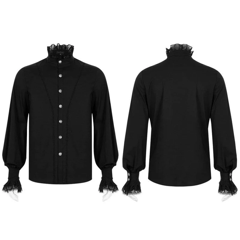 Herren Gothic Stehkragen Spitzensaum Schwarzes Hemd