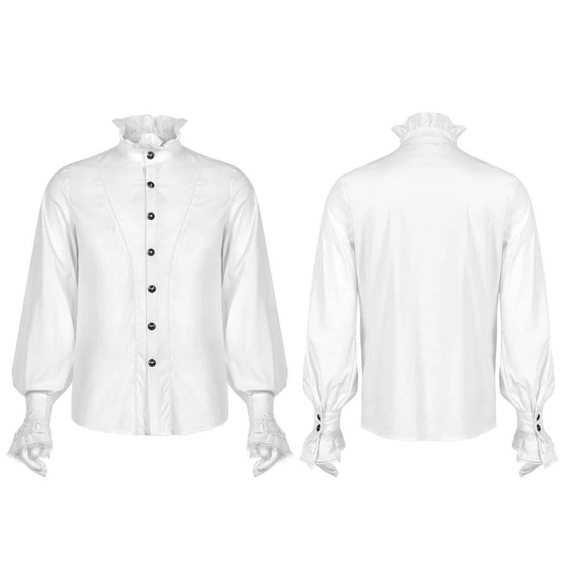 Herren Gothic Stehkragen Spitzensaum Schwarzes Hemd