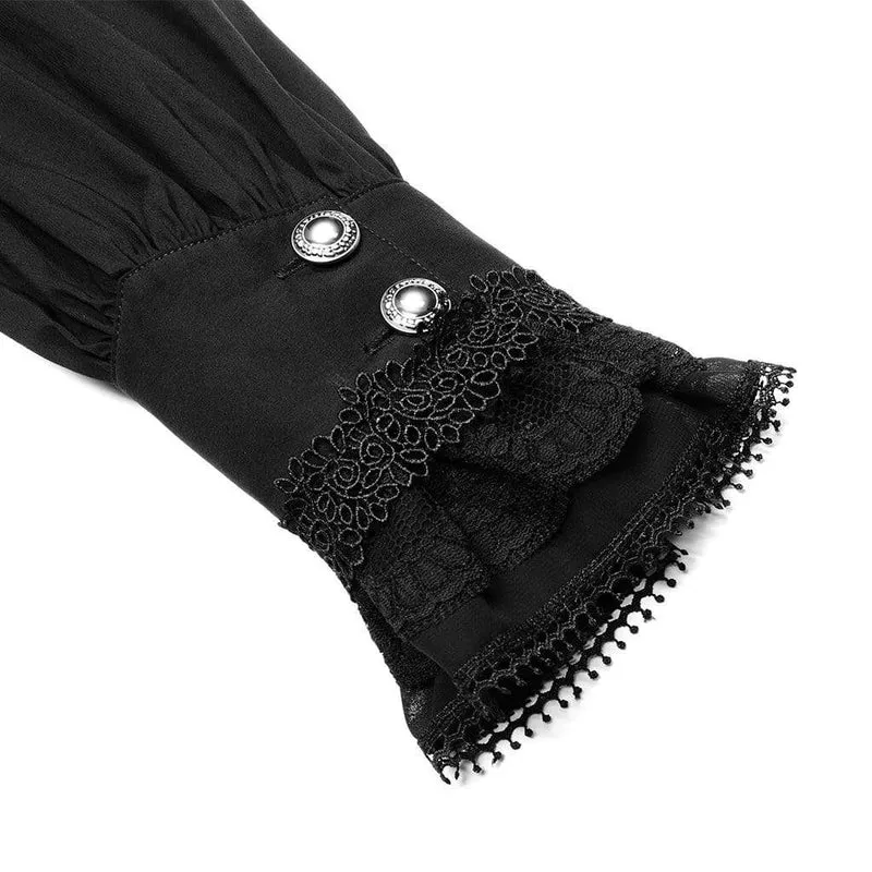 Herren Gothic Stehkragen Spitzensaum Schwarzes Hemd