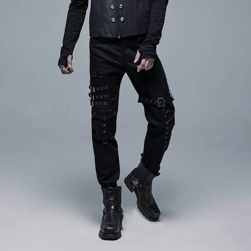 Herren Punk Multi Pockets Schnallen Schwarze Hose
