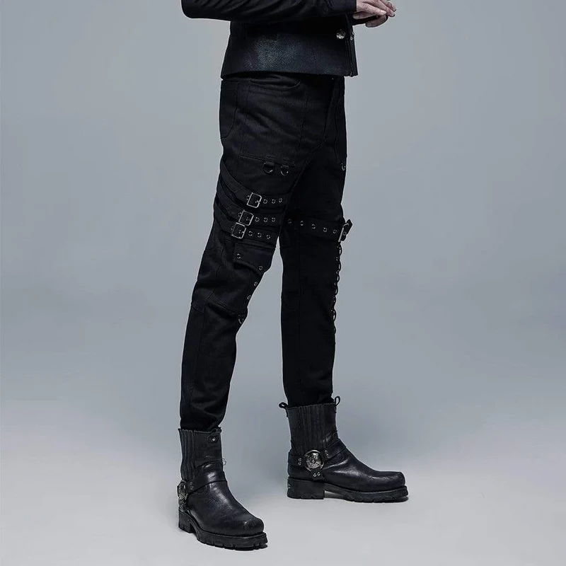 Herren Punk Multi Pockets Schnallen Schwarze Hose