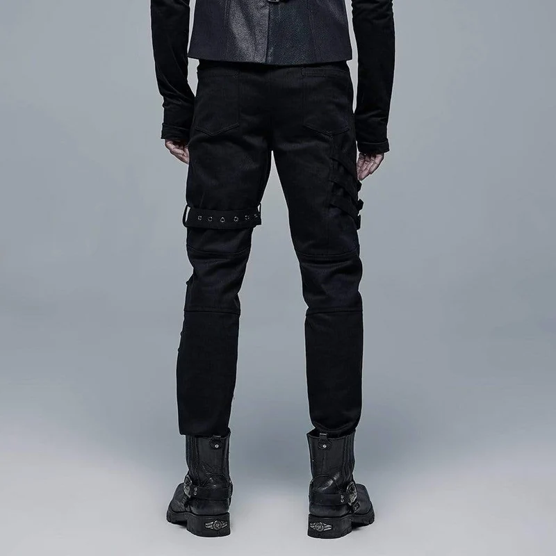 Herren Punk Multi Pockets Schnallen Schwarze Hose