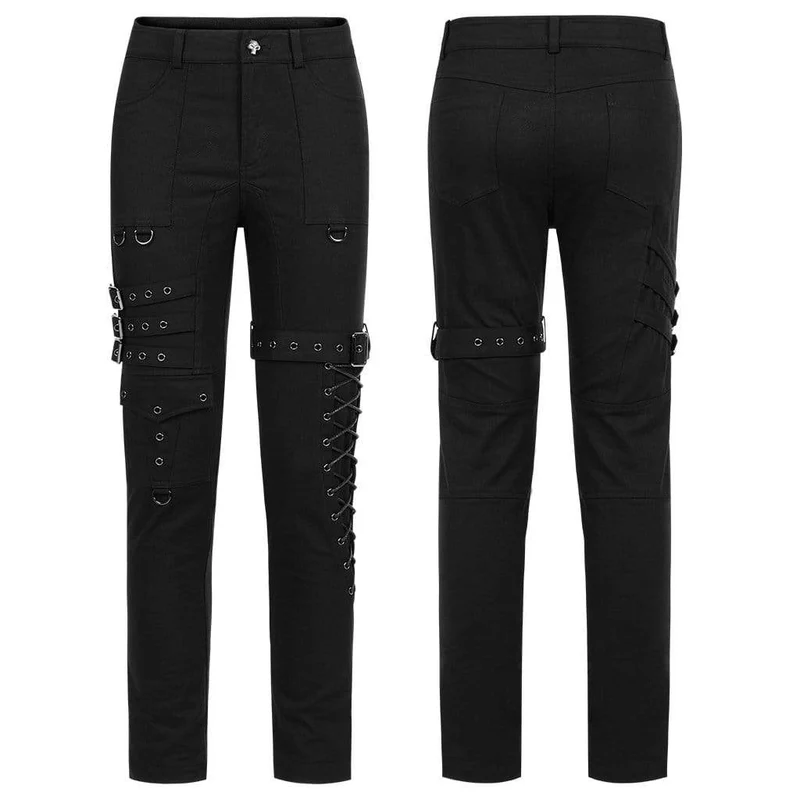 Herren Punk Multi Pockets Schnallen Schwarze Hose