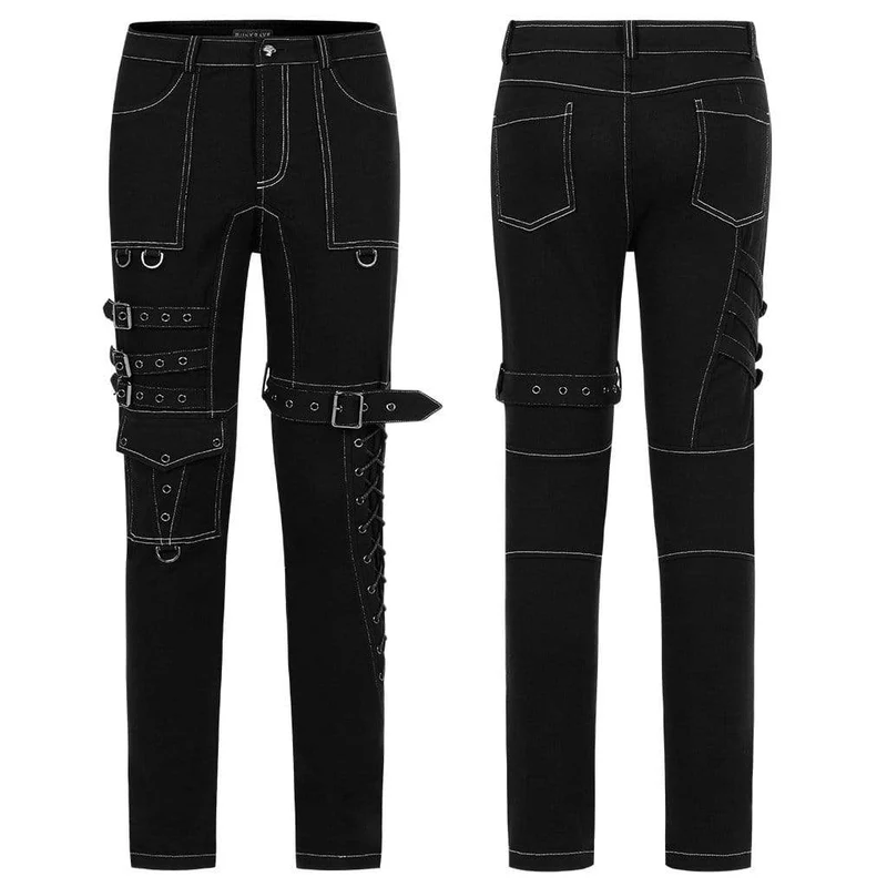 Herren Punk Multi Pockets Schnallen Schwarze Hose