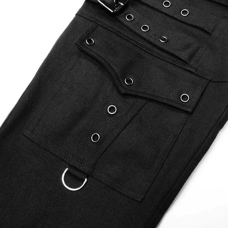 Herren Punk Multi Pockets Schnallen Schwarze Hose