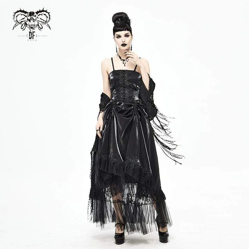 Damen Gothic Kordelzug Spitze Spleiß Schwarzes Unterkleid Brautkleid