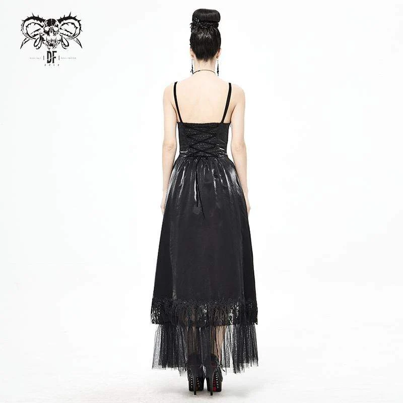 Damen Gothic Kordelzug Spitze Spleiß Schwarzes Unterkleid Brautkleid