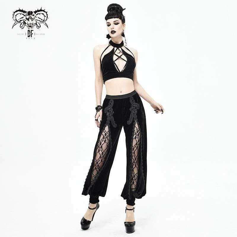 Gothic Furcal Schwarze Hose mit Blumenstickerei für Damen
