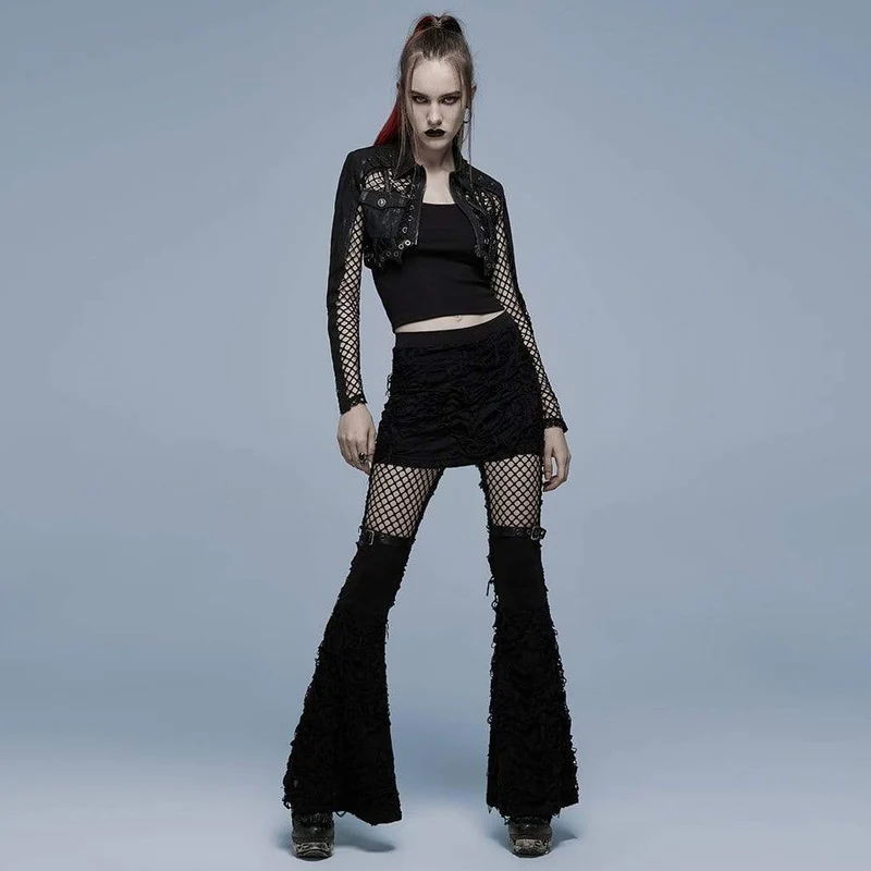 Damen Punk Mesh Splice Riss Schlaghose