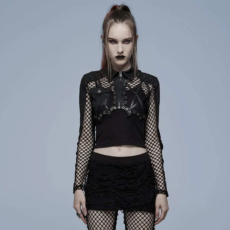 Damen Punk-Crop-Top mit Umlegekragen und Netzspleiß, langärmelig