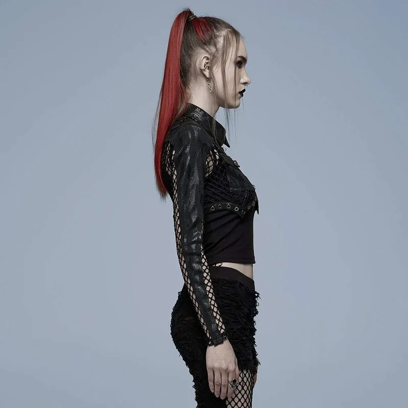 Damen Punk-Crop-Top mit Umlegekragen und Netzspleiß, langärmelig