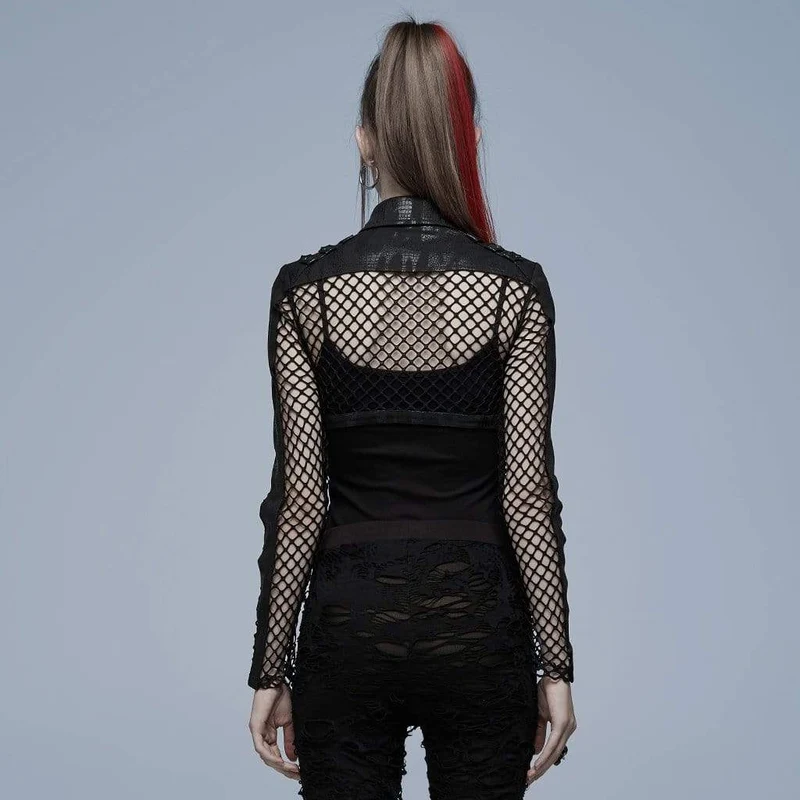 Damen Punk-Crop-Top mit Umlegekragen und Netzspleiß, langärmelig