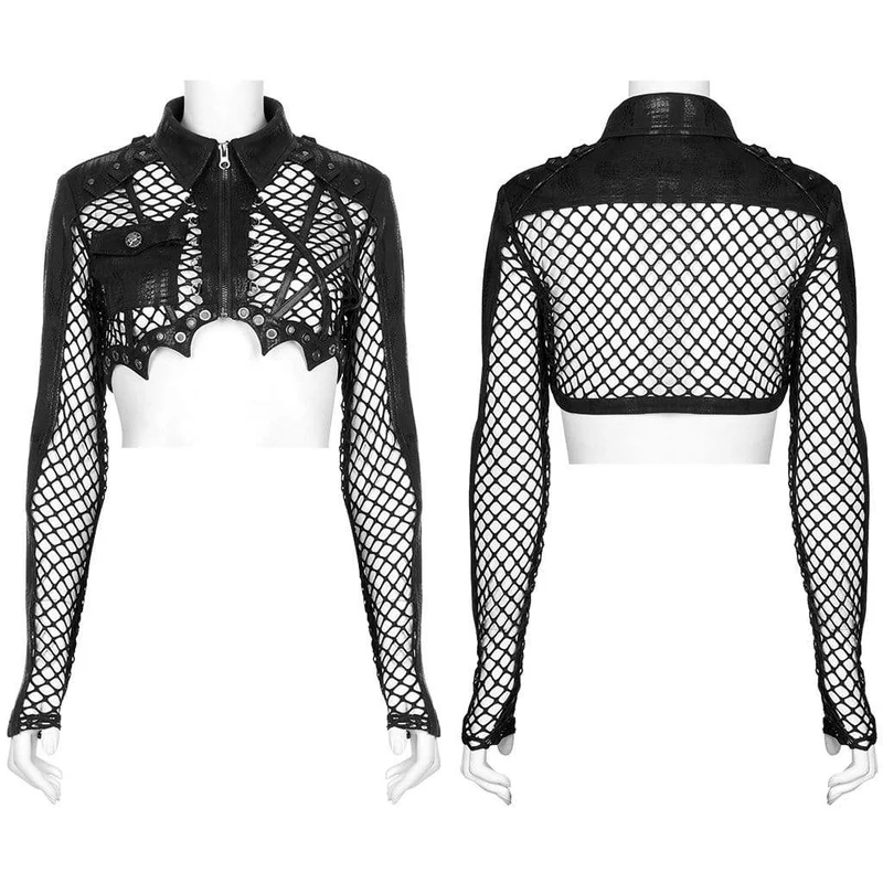 Damen Punk-Crop-Top mit Umlegekragen und Netzspleiß, langärmelig
