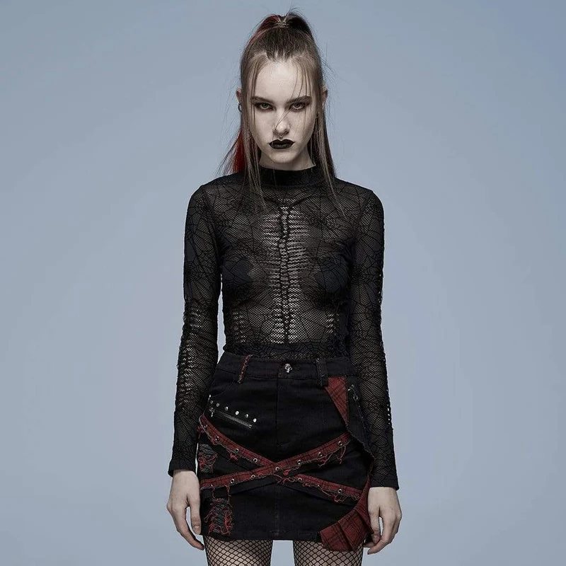 Mesh-Oberteil mit Grunge-Spinnennetz-Print für Damen