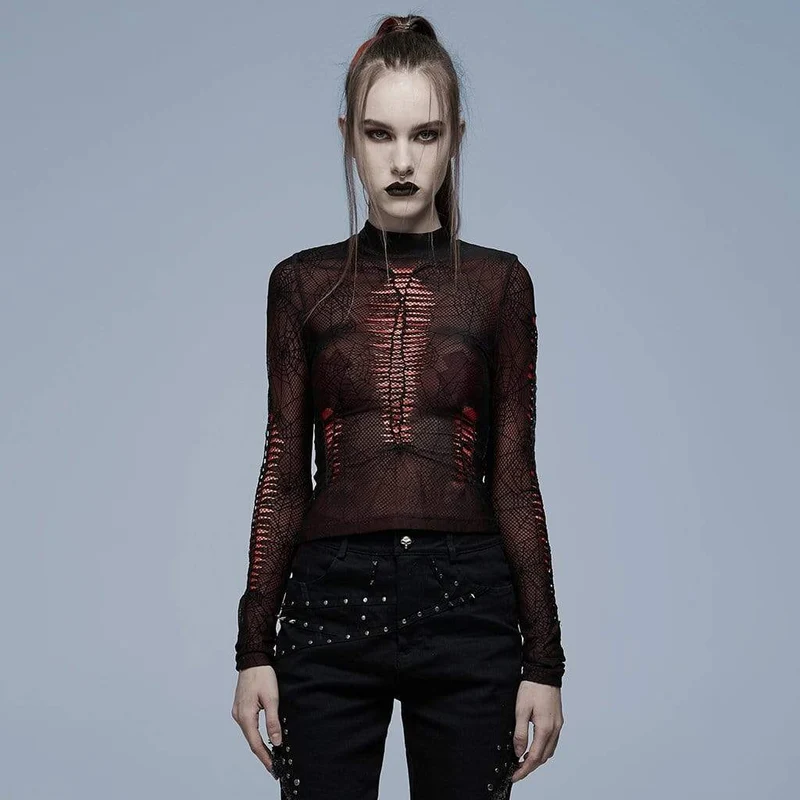 Mesh-Oberteil mit Grunge-Spinnennetz-Print für Damen